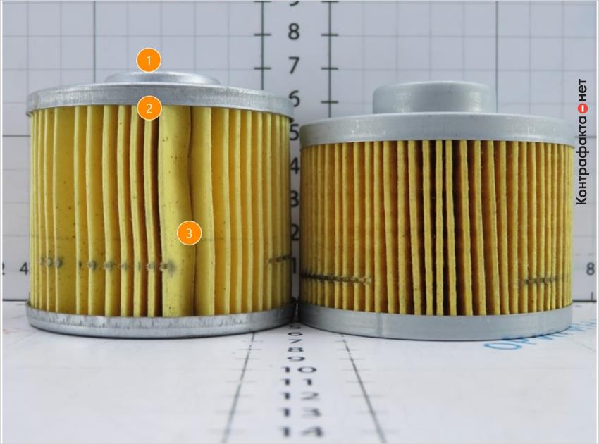 1. Высота фильтрующего элемента больше оригинала. | 2. Количество ламелей меньше на 24. | 3. Неравномерное расположение фильтрующих ламелей.