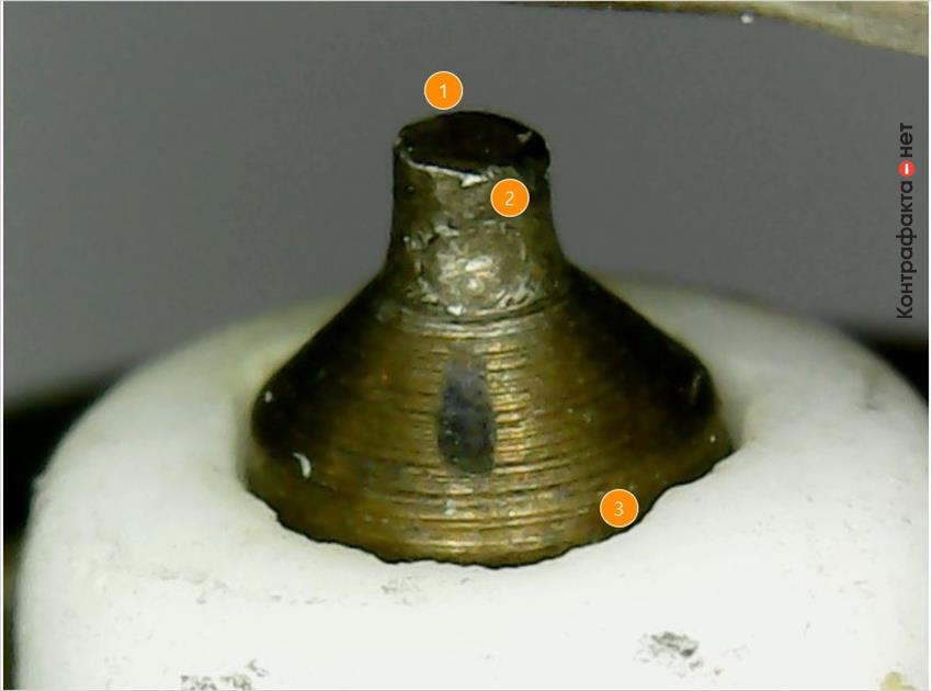 1. Искривленная форма центрального электрода. | 2. Иридий заменен обычным наконечником. | 3. Тепловой конус изолятора с дефектами.