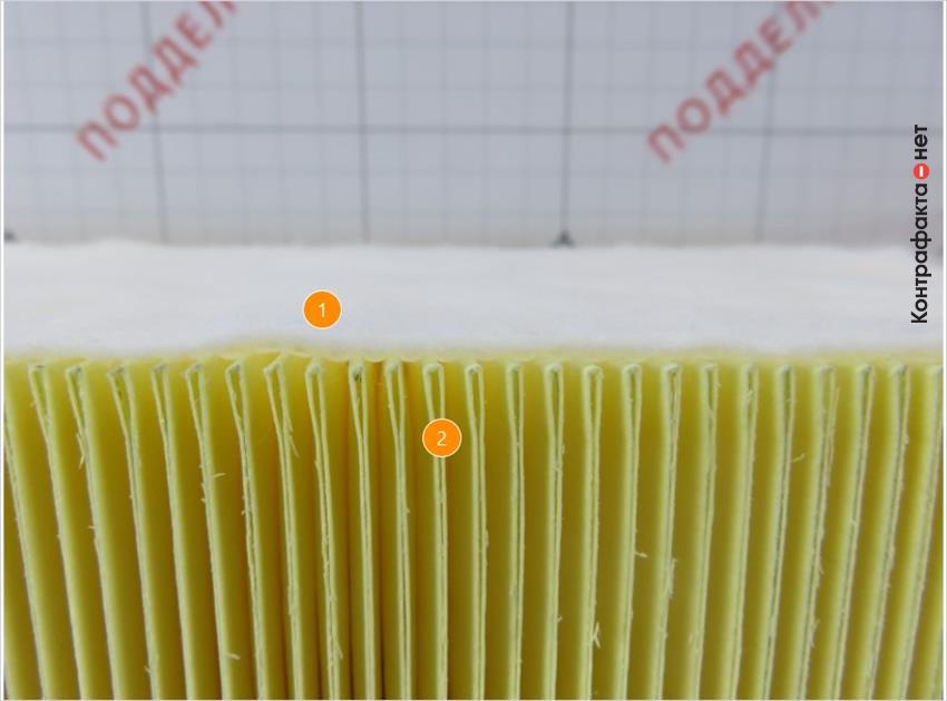 1. Толщина и плотность синтепоновой прокладки меньше оригинала. | 2. Фильтровальная гармошка изготовлена из материала желтого цвета с меньшим количеством складок.