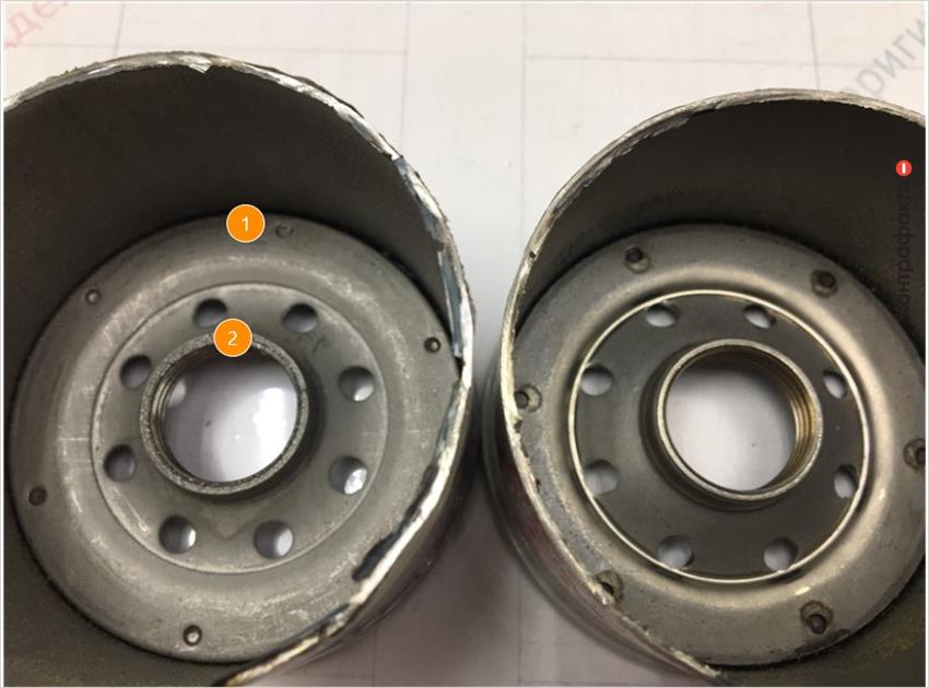 1. Отличается способ соединения корпуса фильтра с резьбовой частью, в оригинале использована точечная сварка. | 2. Отсутствует обработка внутренней резьбовой части.