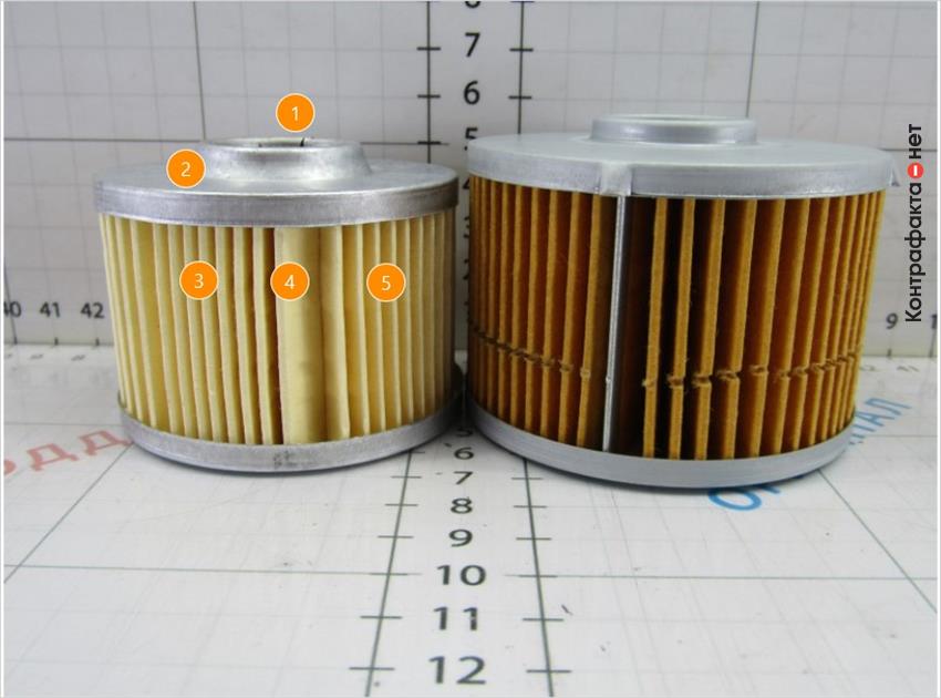 1. Высота фильтра меньше оригинала. | 2. Другая форма крышки. | 3. Светлый оттенок фильтрующего материала. | 4. Разный способ фиксации ламелей, отсутствует металлический зажим. | 5. Количество ламелей 40(у оригинала 56).