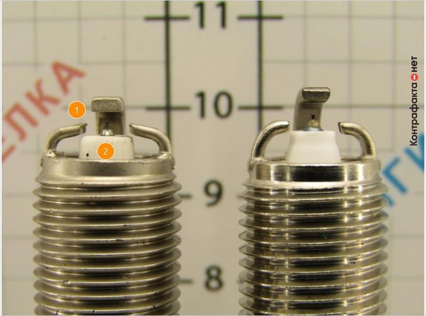 1. Изгибы боковых электродов не соответствуют оригиналу. | 2. Конструктивные отличия керамического изолятора.