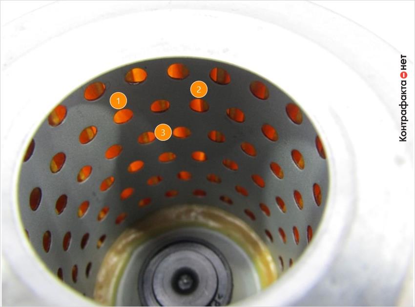 1. Большее количество отверстий обечайки. | 2. Тонкая фильтровальная бумага просвечивается на свету. | 3. Разная технология изготовления обечайки.