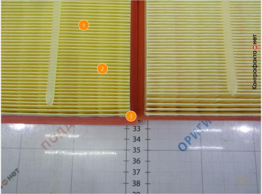 1. Оттенок цвета фильтрующего материала отличается от оригинала. | 2. Количество ламелей 121, у оригинала 126. | 3. Корпус фильтра больше на 5мм.