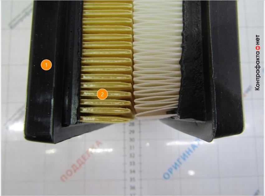1. Глянцевая поверхность полиуретанового уплотнителя. | 2. Различная технология проклейки фильтрующих ламелей.