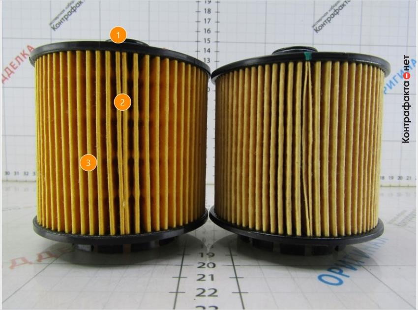 1. Нет отметки отк. | 2. Шов склеивания фильтрующих ламелей выполнен во внутрь( в оригинале наружу). | 3. Количество ламелей 65, у оригинала 77.