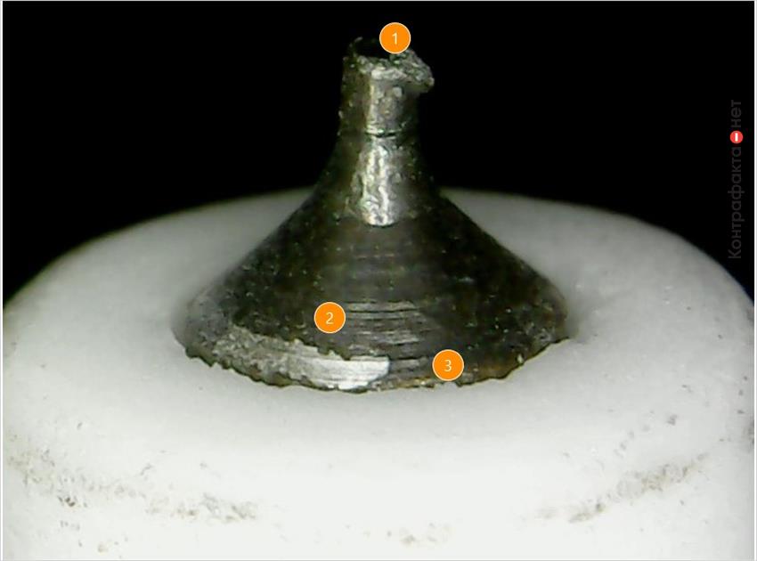 1. Искривленная форма центрального электрода. | 2. Дефекты на поверхности металла. | 3. Колотые края керамического изолятора.
