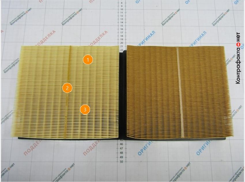 1. Светлый оттенок фильтровального материала. | 2. Применяется клей желтого цвета, в оригинале белого. | 3. Количество ламелей 65, в оригинале 74.