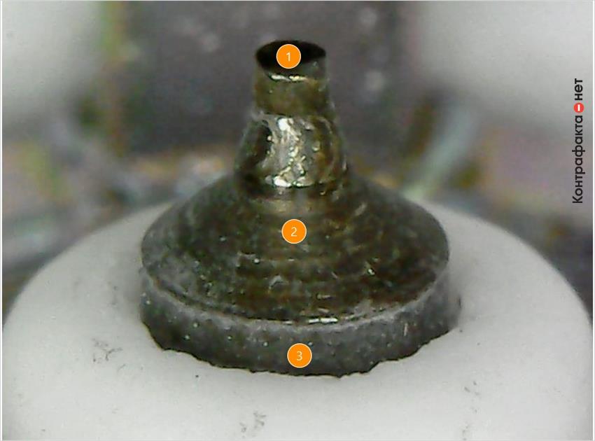 1. Выполнена имитация напайки иридиевого наконечника. | 2. Низкое качество обработки поверхности центрального электрода. | 3. Колотые края керамического изолятора.