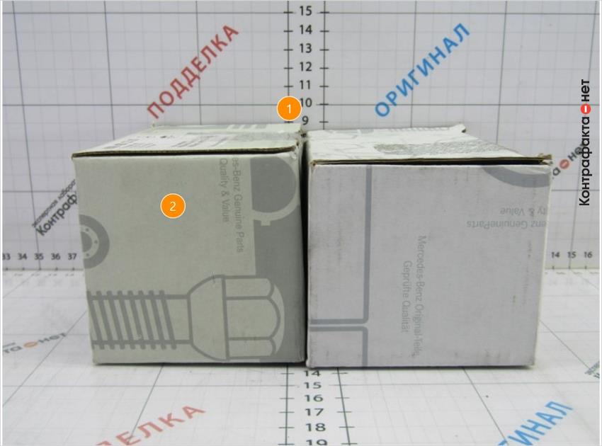 1. Габариты упаковки отличаются от оригинала. | 2. Более темный оттенок упаковки.