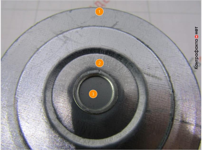 1. Конструктивные отличия крышки картриджа. | 2. Тонкий металл образует разрывы. | 3. Металлический обводной клапан.