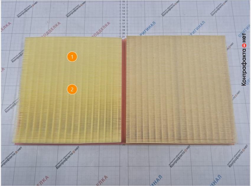 1. Светлый оттенок фильтрующего материала. | 2. Количество ламелей 104, у оригинала 109.